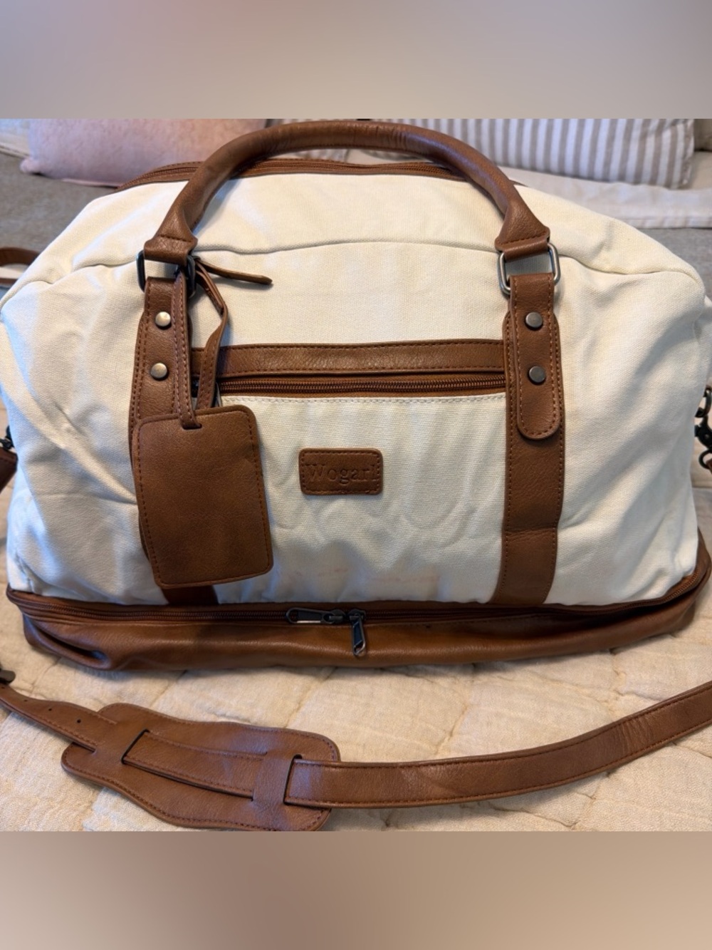 Canvas & Leather Travel Duffle Bag in Cream and Brown